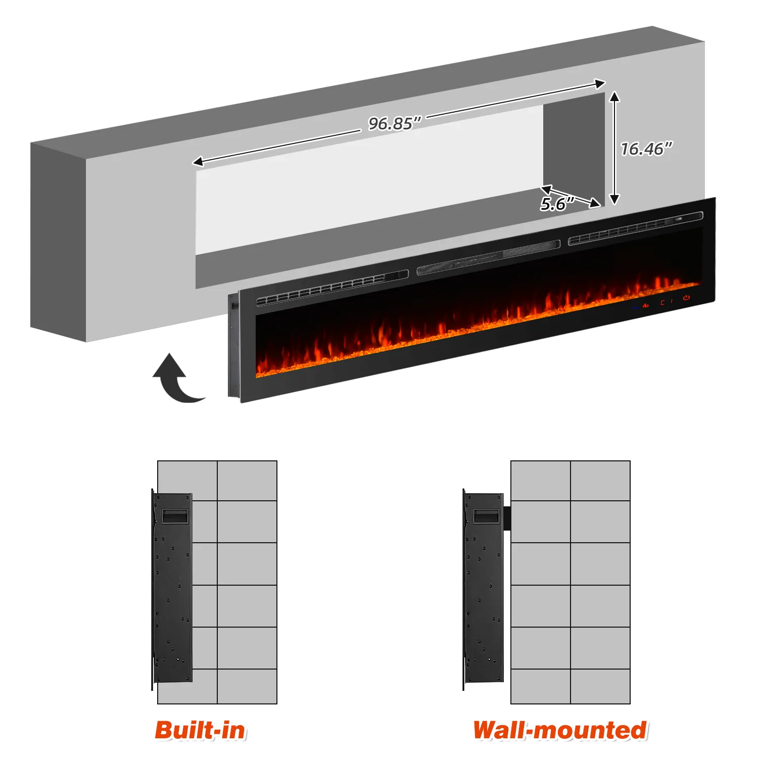 100 inch Electric Fireplace, Wall Mounted Fireplace Insert with Remote Control