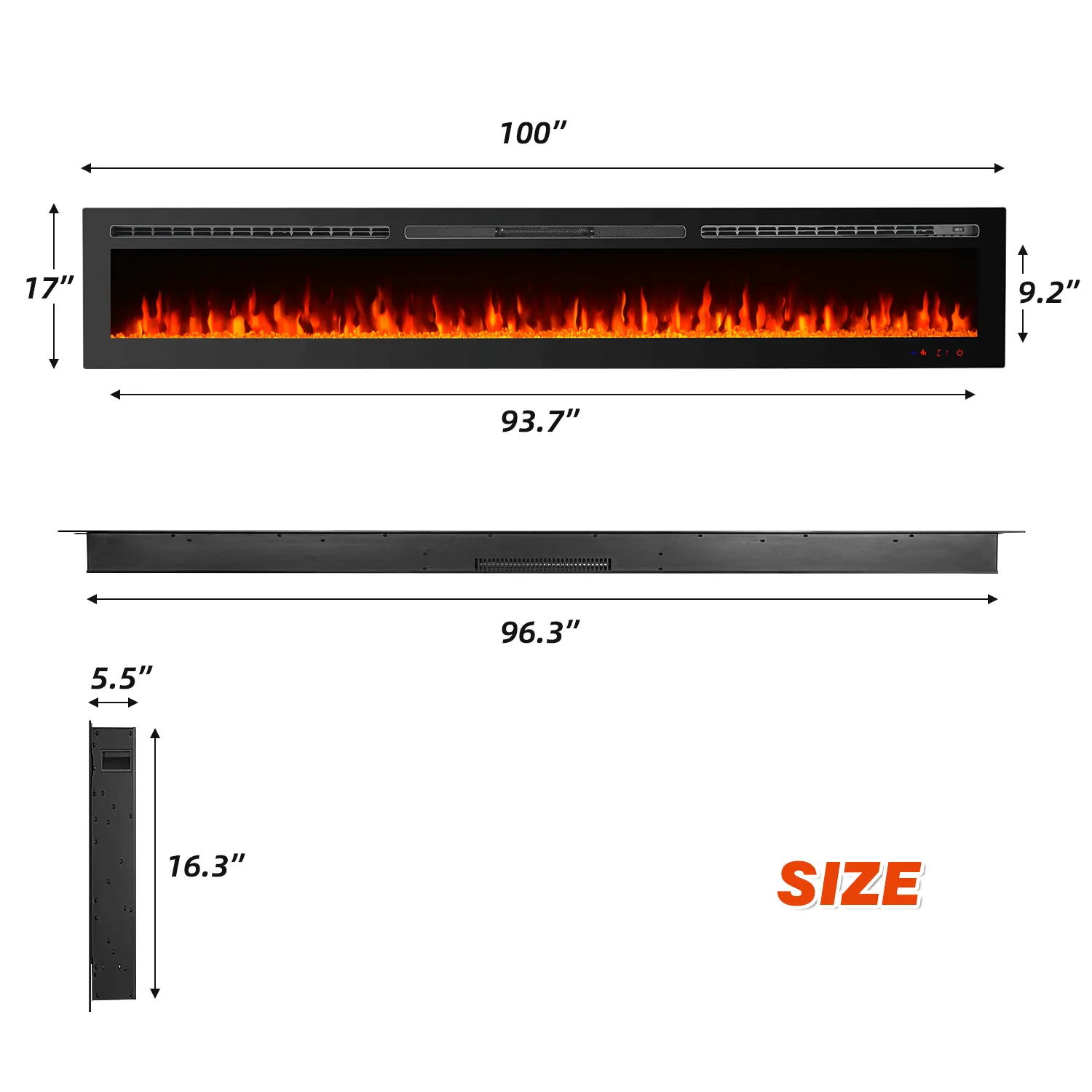 100 inch Electric Fireplace, Wall Mounted Fireplace Insert with Remote Control