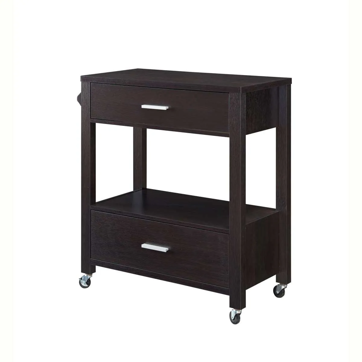 2 Drawer Wooden Kitchen Cart With Casters And 1 Open Shelf, Dark Brown By Benzara