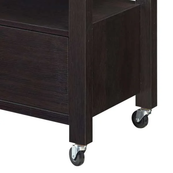 2 Drawer Wooden Kitchen Cart With Casters And 1 Open Shelf, Dark Brown By Benzara