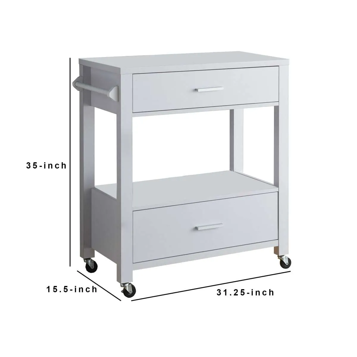 2 Drawer Wooden Kitchen Cart With Casters And 1 Open Shelf, White By Benzara