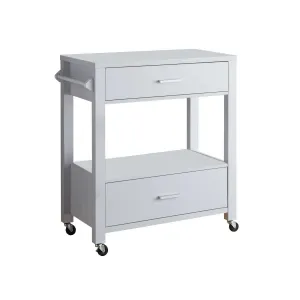 2 Drawer Wooden Kitchen Cart With Casters And 1 Open Shelf, White By Benzara