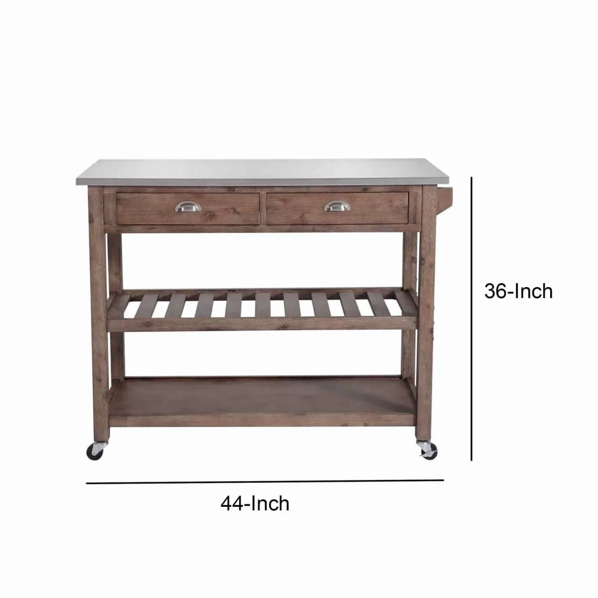 2 Drawers Wooden Kitchen Cart With Metal Top And Casters, Gray And Brown By Benzara