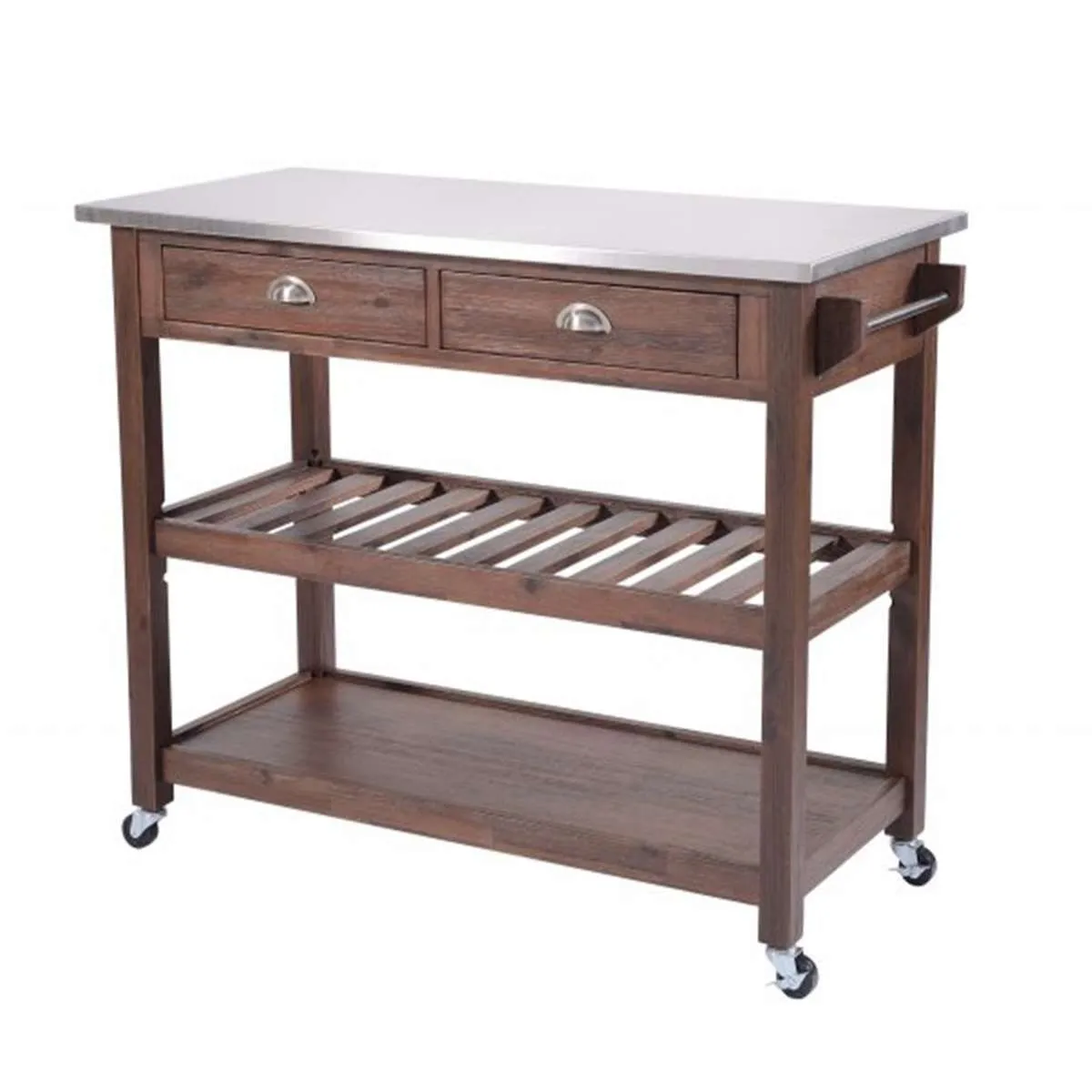 2 Drawers Wooden Kitchen Cart With Metal Top And Casters, Gray And Brown By Benzara