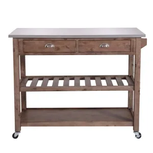 2 Drawers Wooden Kitchen Cart With Metal Top And Casters, Gray And Brown By Benzara