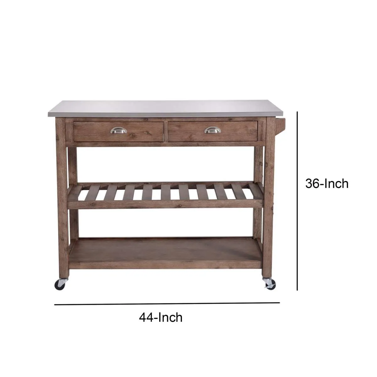 2 Drawers Wooden Kitchen Cart With Metal Top And Casters, Gray And Brown By Benzara