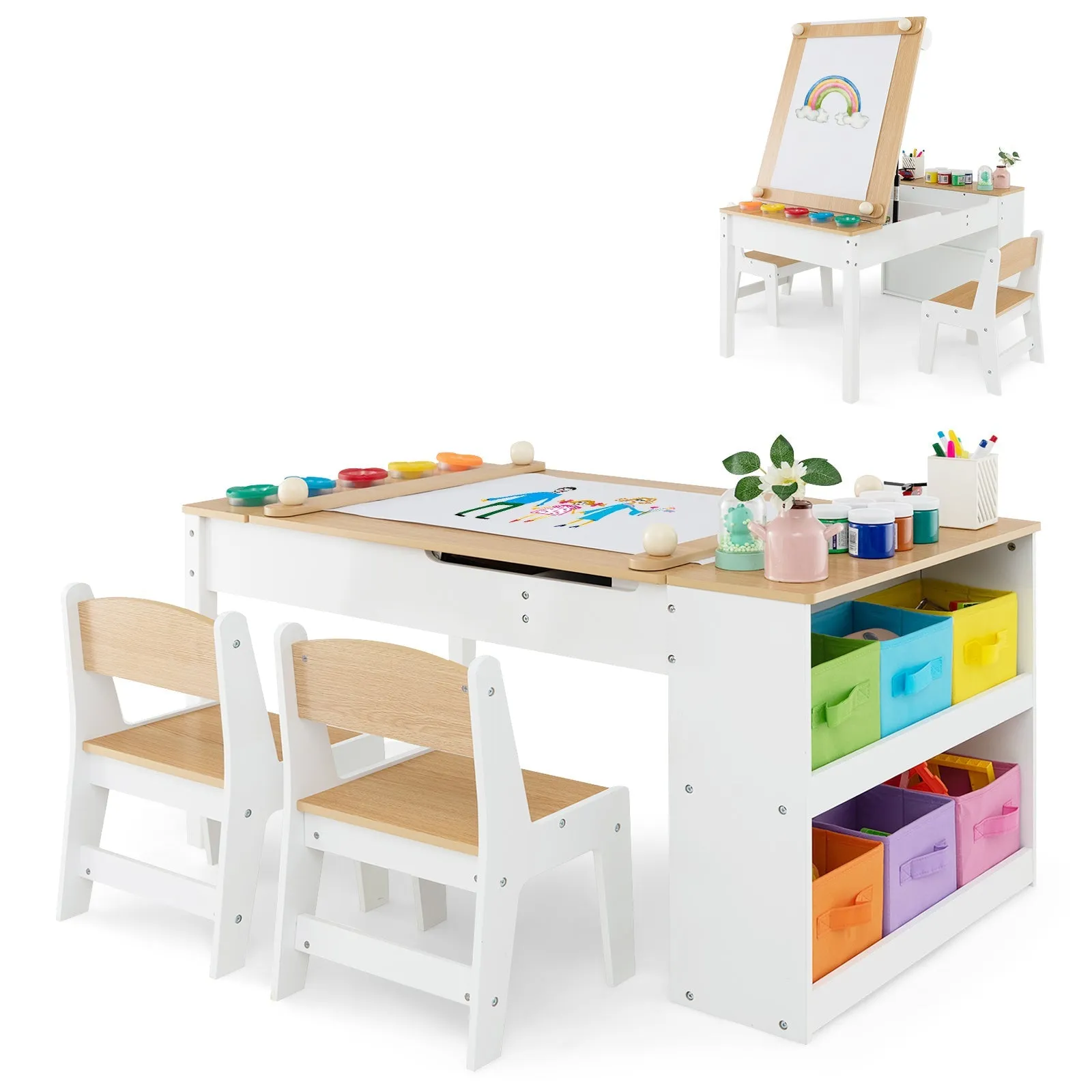 2-in-1 Kids Art Table and Art Easel Set with Chairs-Natural