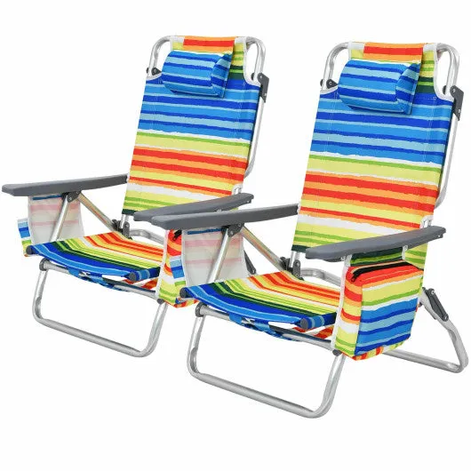 2-Pack Folding Backpack Beach Chair 5-Position Outdoor Reclining Chairs with Pillow-Yellow