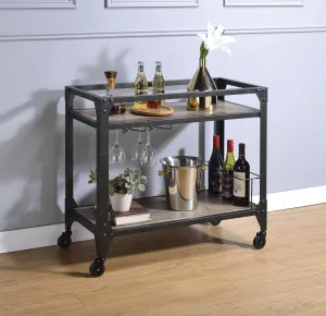 2 Tier Metal Serving Cart With Wooden Shelves And Bottle Holders, Black By Benzara