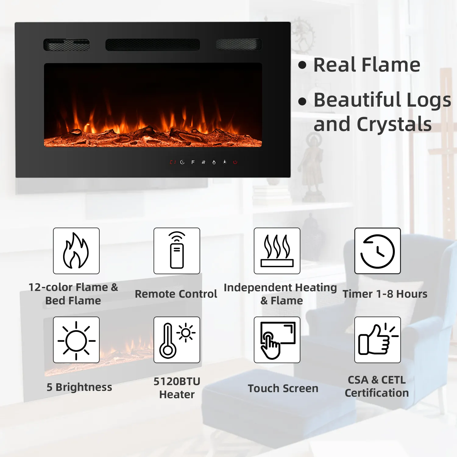 30 inch Electric Fireplace Recessed and Wall Mounted,12 Flame Color with Remote Control