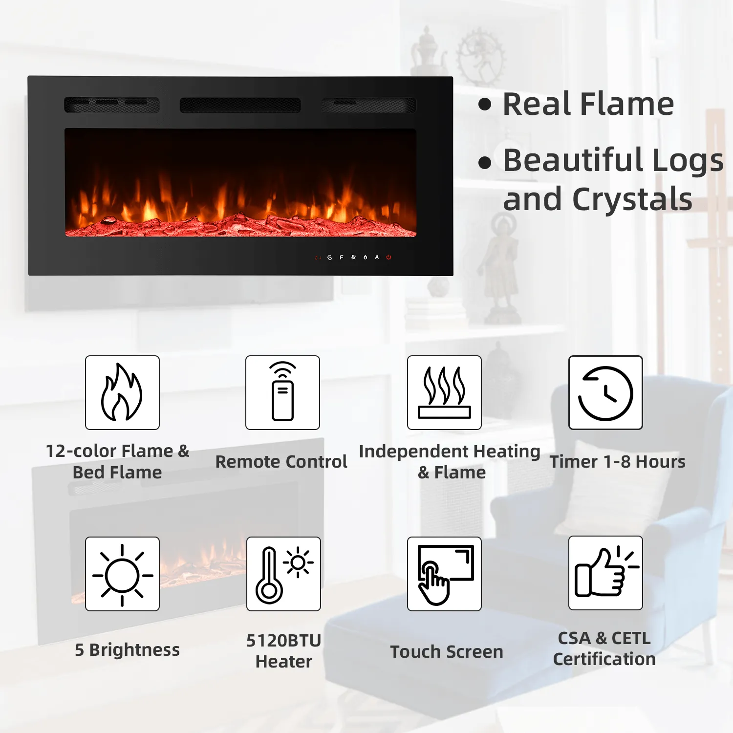 36 inch Electric Fireplace with Free Standing, Wall Mounted Fireplace Insert Heater with Remote Control&Touch Screen