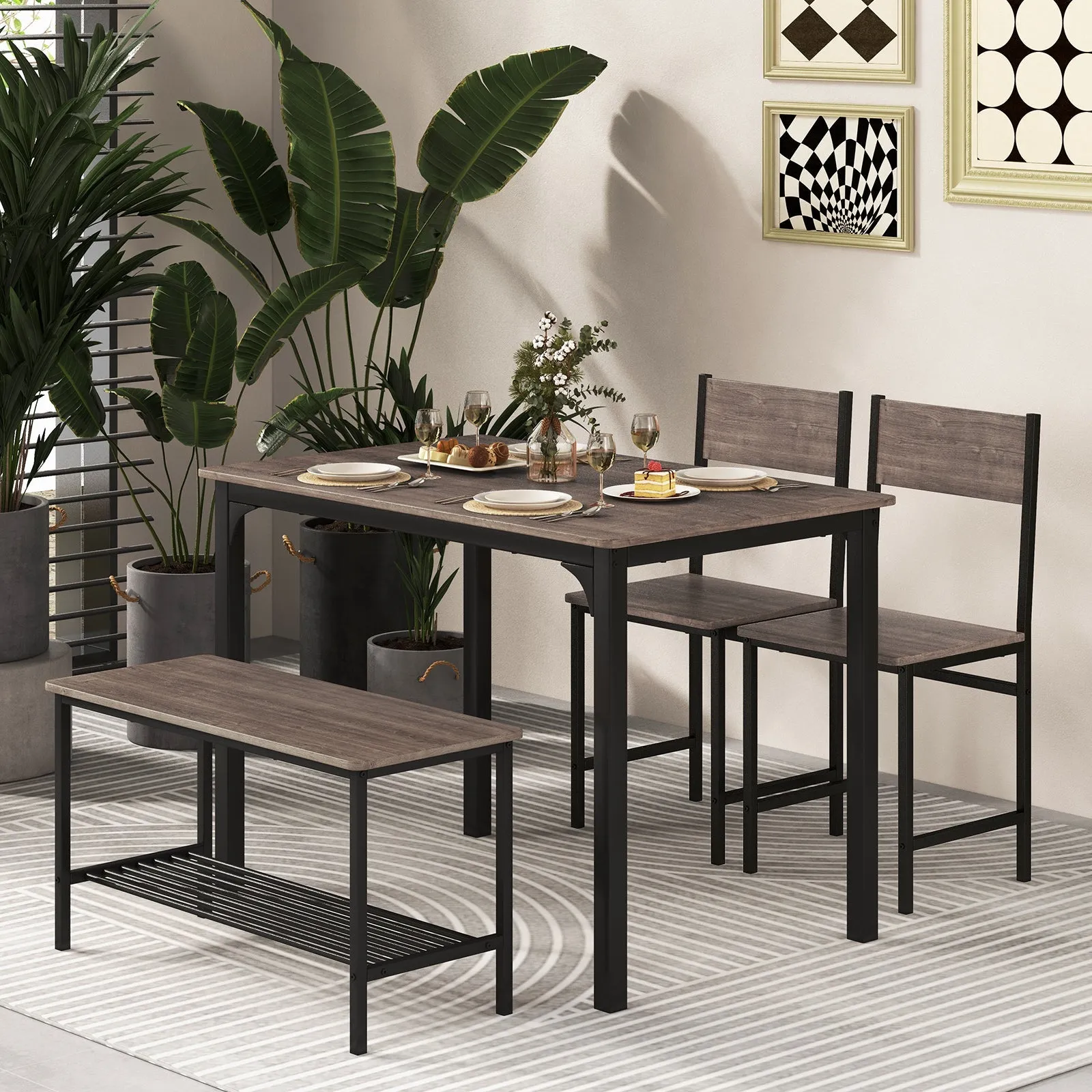 4-Piece Dining Table Set with Storage Shelf and Metal Frame-Grey