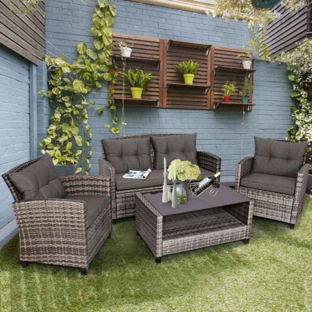 4 Pieces Patio Rattan Furniture Set Coffee Table Cushioned Sofa-Navy