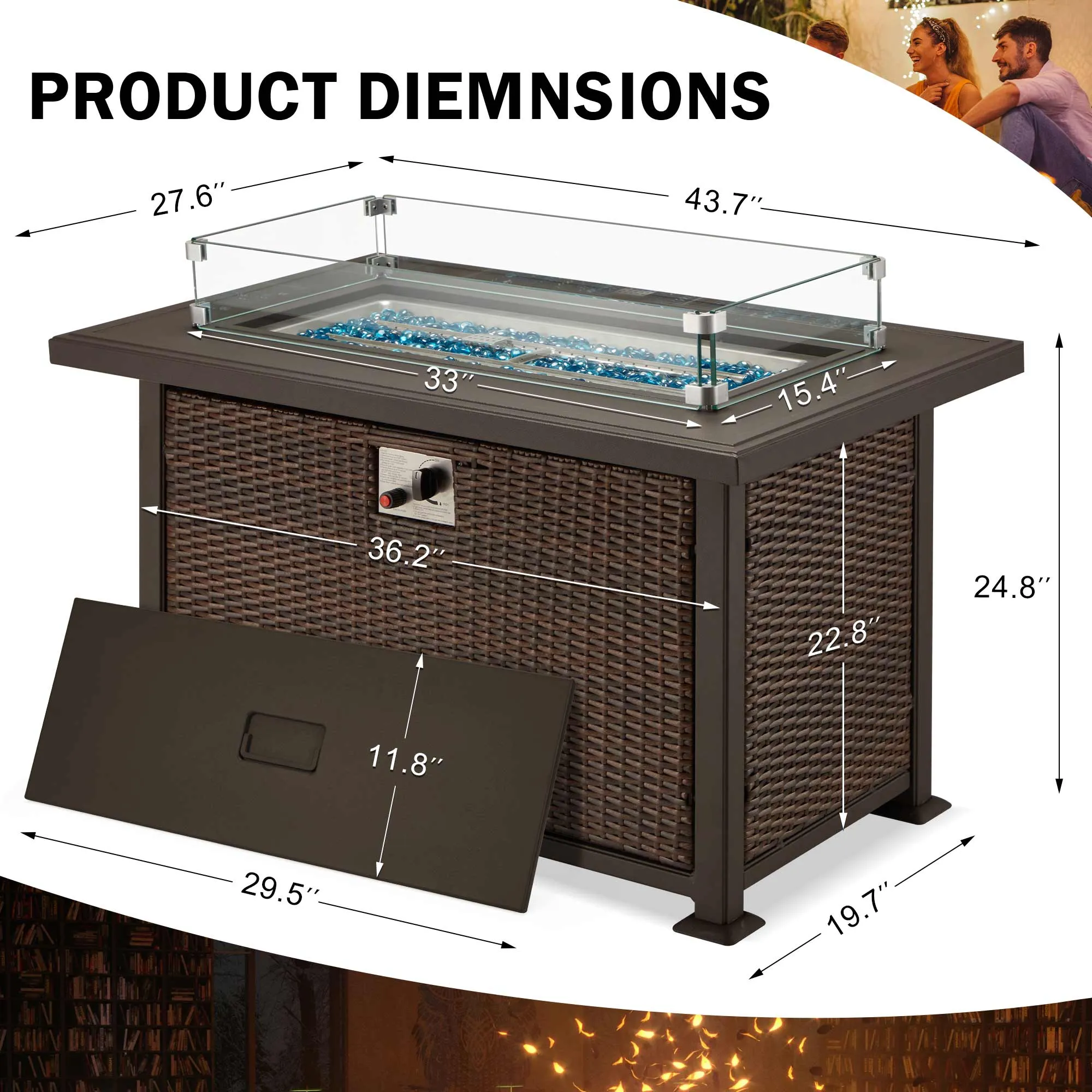 44 in Auto-Ignition Propane Fire Pit with Aluminum Table Top and Glass Wind Guard, Dark Brown