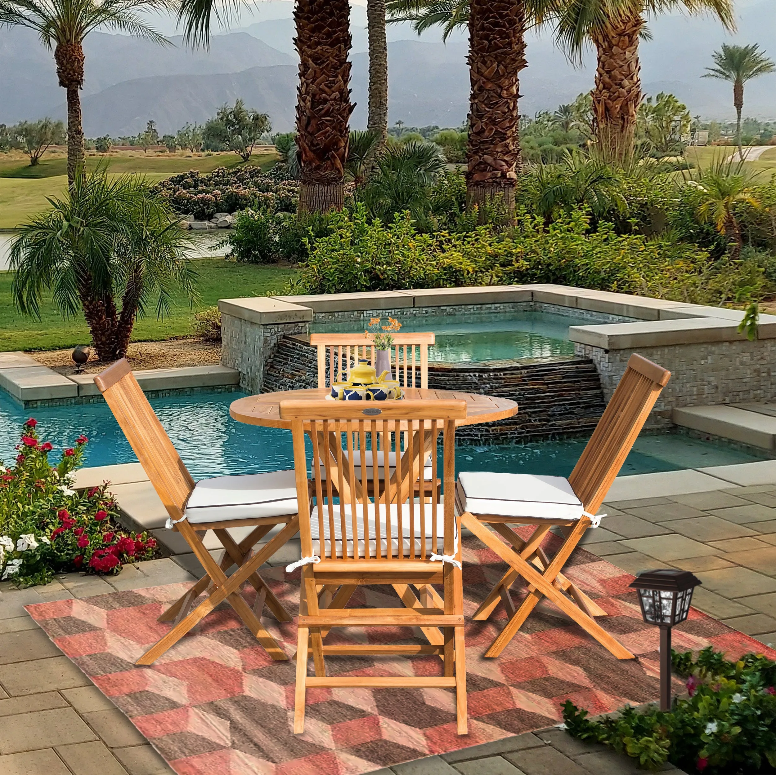 5 Piece Teak Wood California Dining Set with 47" Round Folding Table and 4 Folding Side Chairs