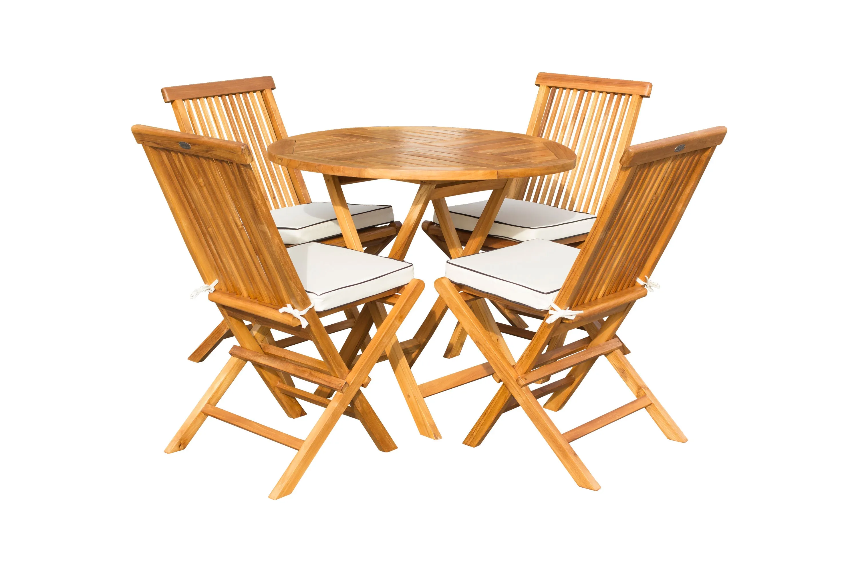 5 Piece Teak Wood California Dining Set with 47" Round Folding Table and 4 Folding Side Chairs