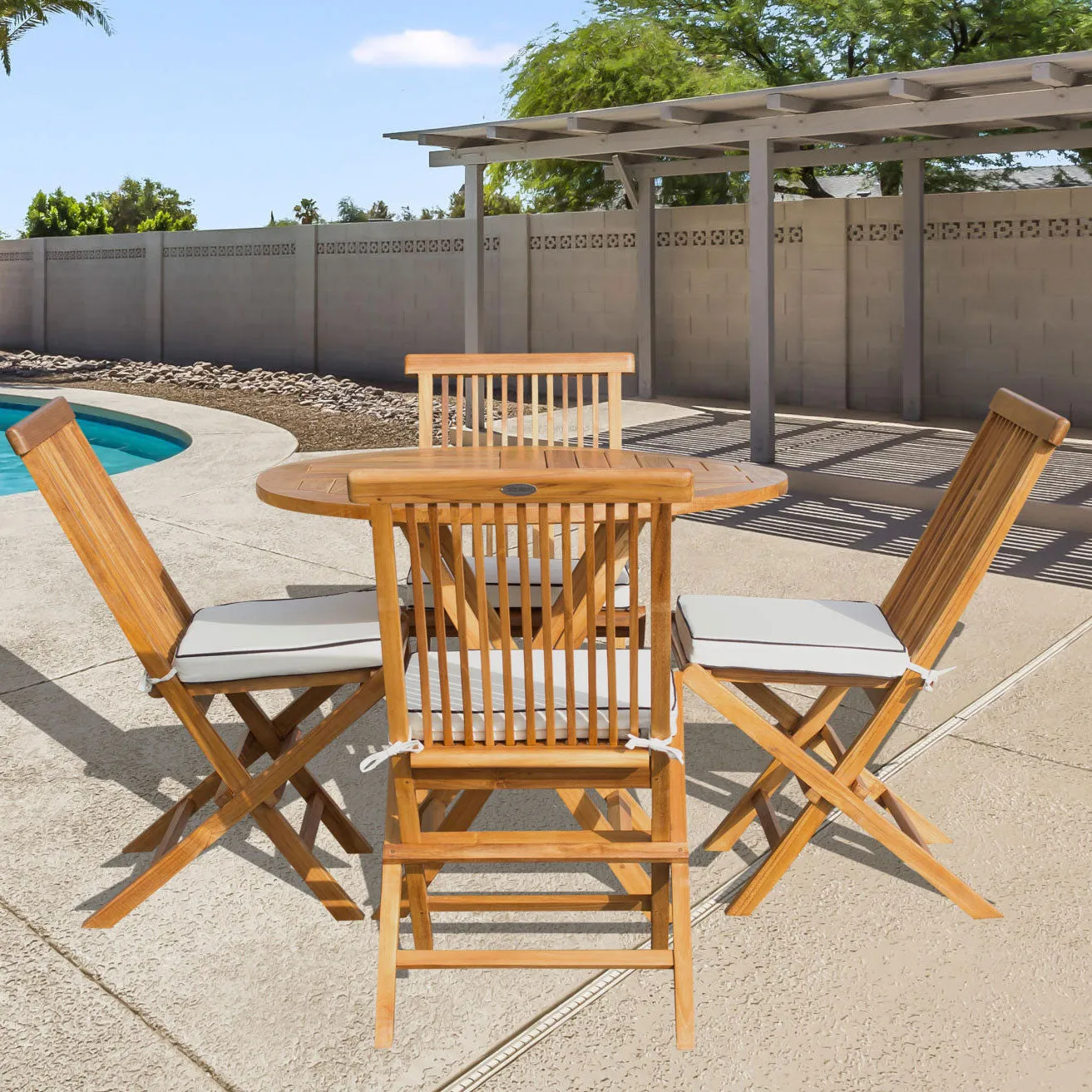 5 Piece Teak Wood California Dining Set with 47" Round Folding Table and 4 Folding Side Chairs