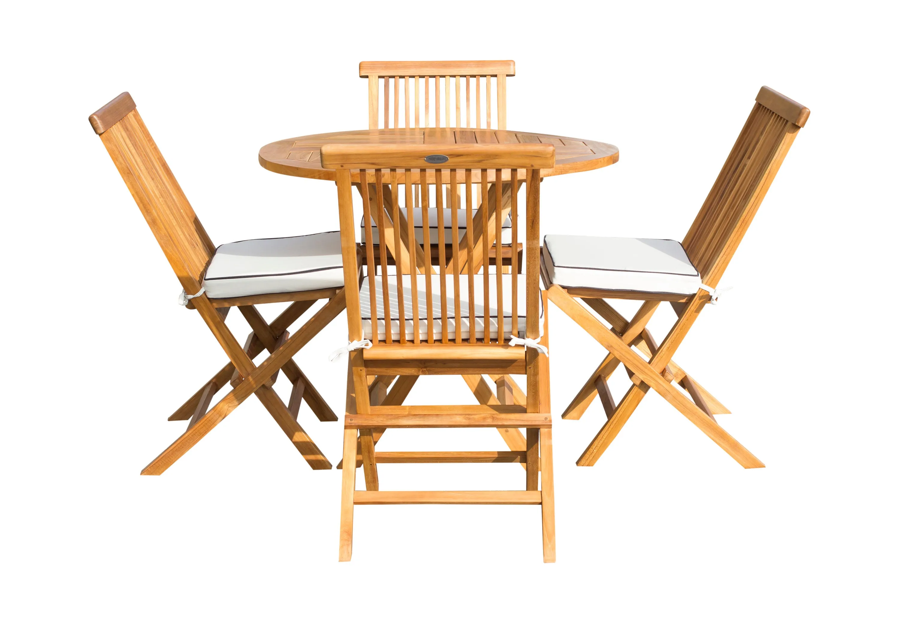 5 Piece Teak Wood California Dining Set with 47" Round Folding Table and 4 Folding Side Chairs