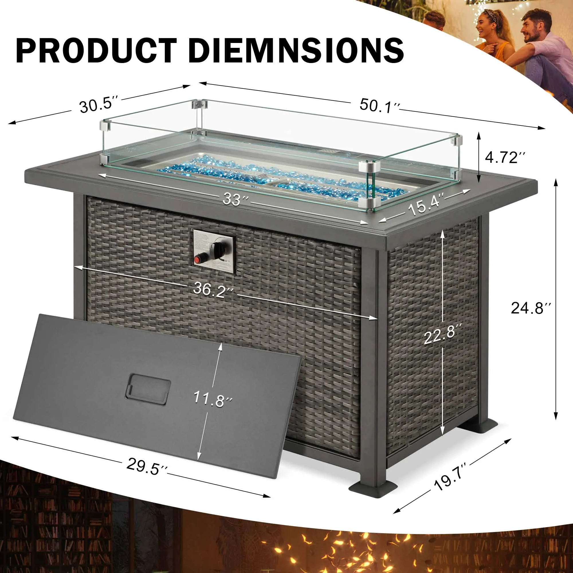 50 in Propane Fire Pit Table w/ Glass Wind Guard and Aluminum Tabletop,50,000 BTU, Dark Gray