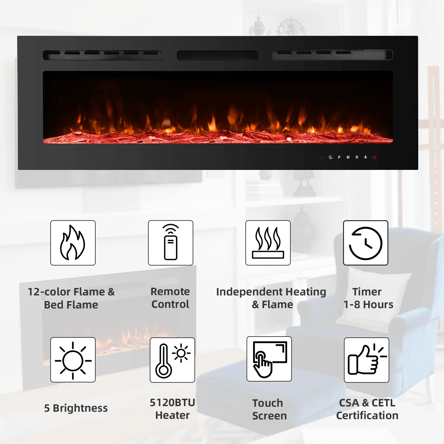 50 inch Electric Fireplace with Free Standing, Wall Mounted Insert Heater Remote Control