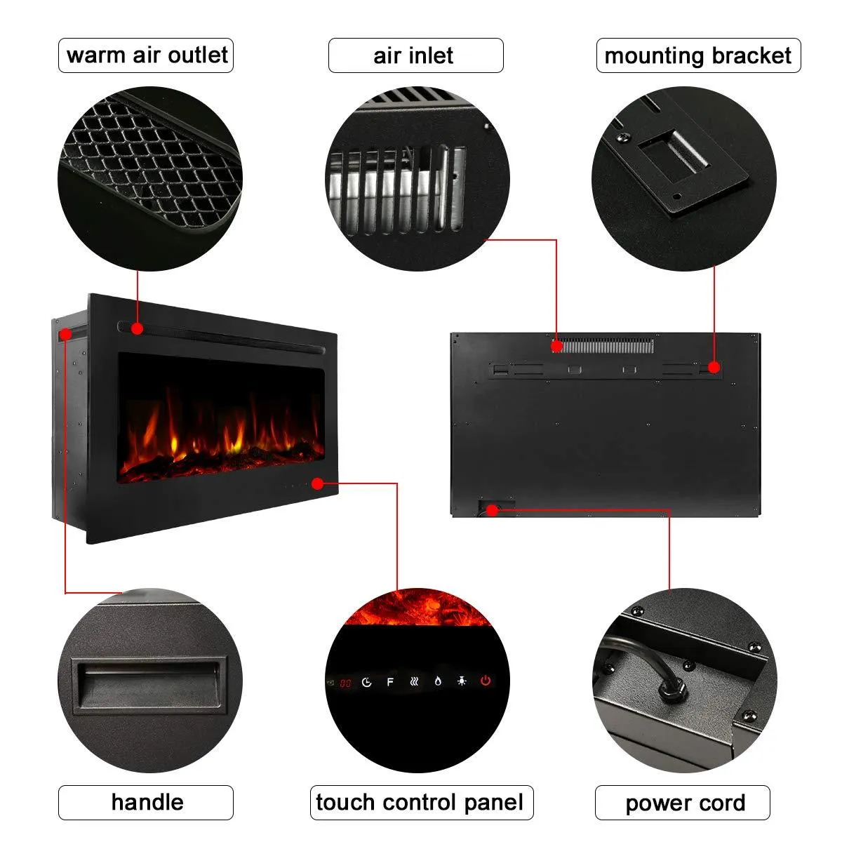 50" Recessed Mounted Electric Fireplace Insert with Touch Screen Control Panel & Remote Control