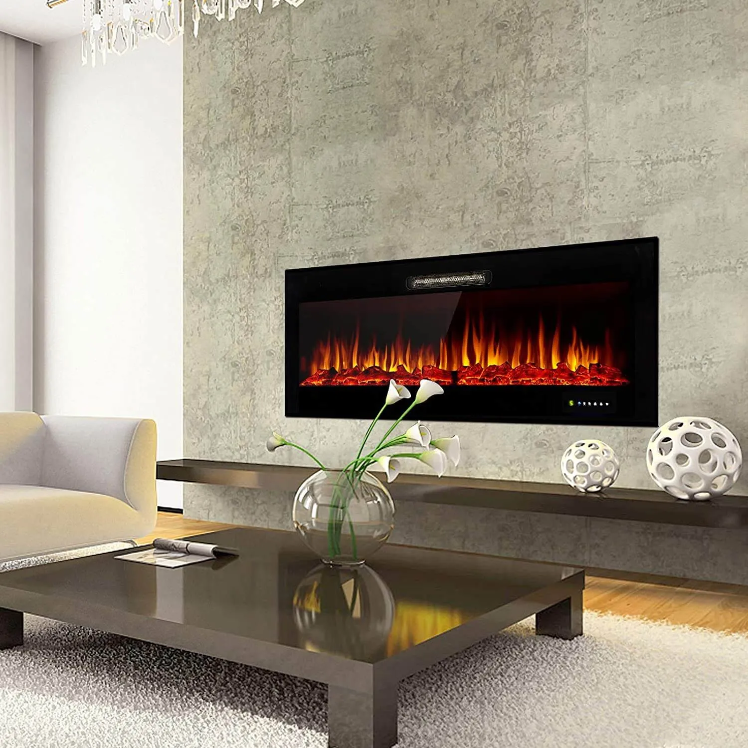 50" Recessed Mounted Electric Fireplace Insert with Touch Screen Control Panel & Remote Control