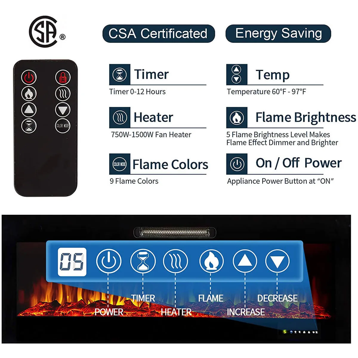 50" Recessed Mounted Electric Fireplace Insert with Touch Screen Control Panel & Remote Control