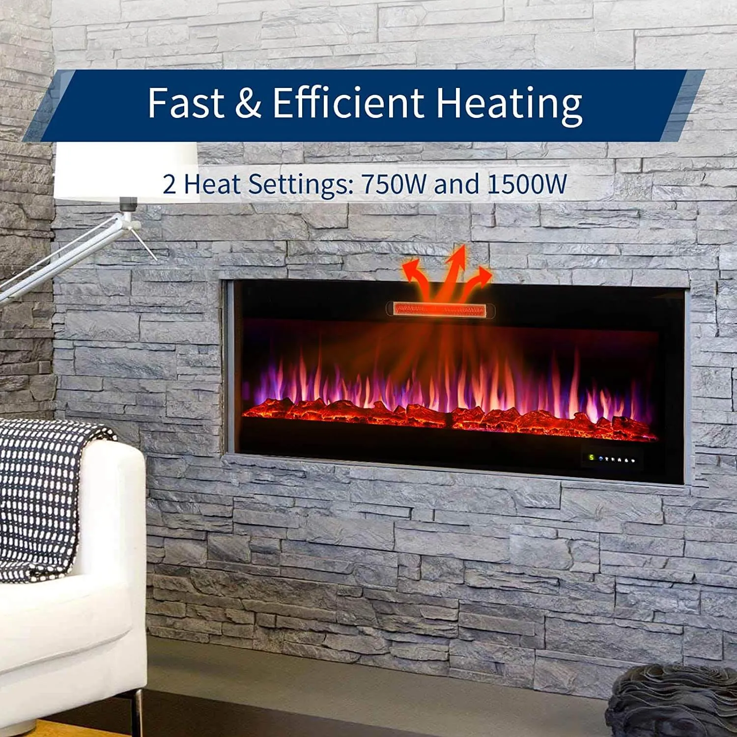 50" Recessed Mounted Electric Fireplace Insert with Touch Screen Control Panel & Remote Control