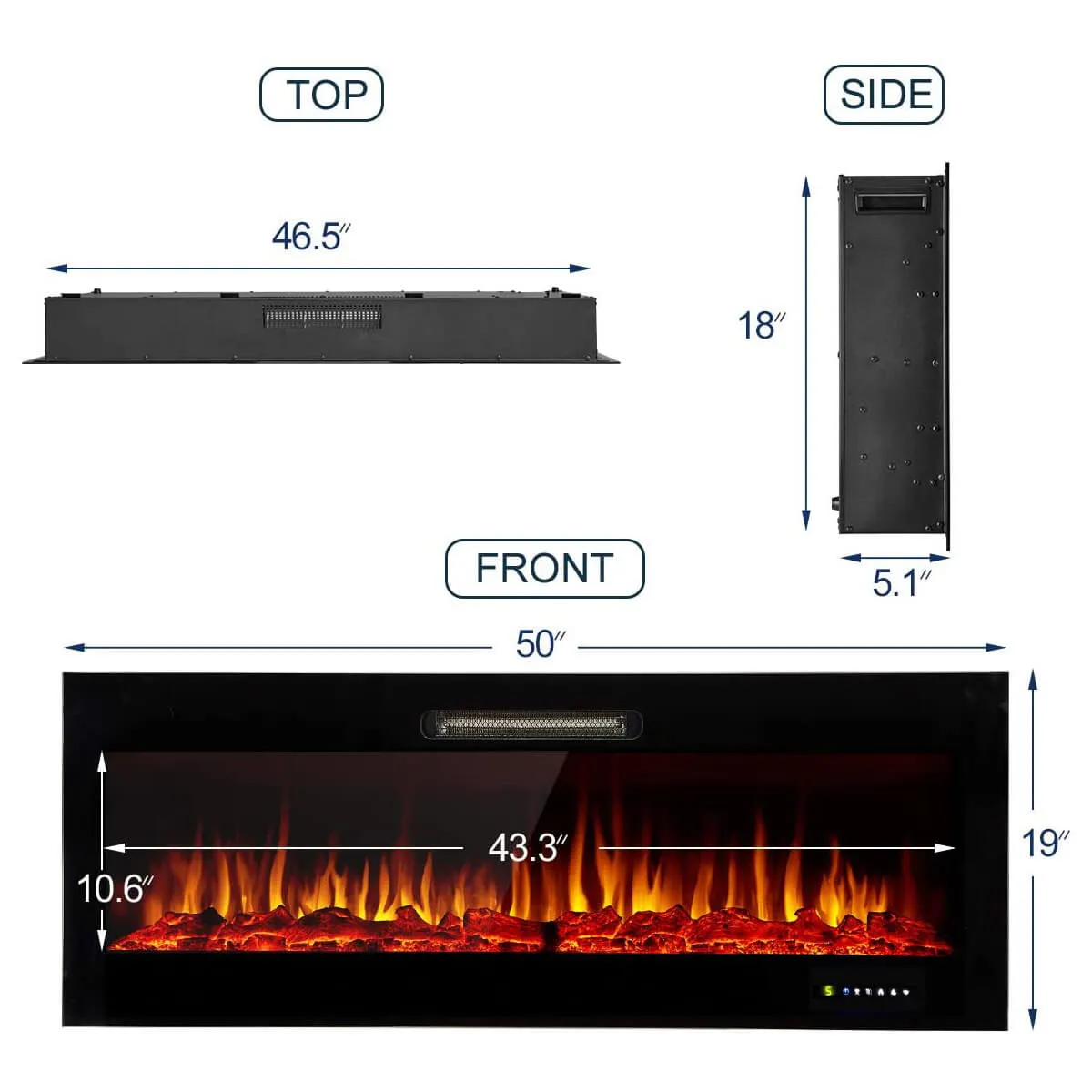 50" Recessed Mounted Electric Fireplace Insert with Touch Screen Control Panel & Remote Control