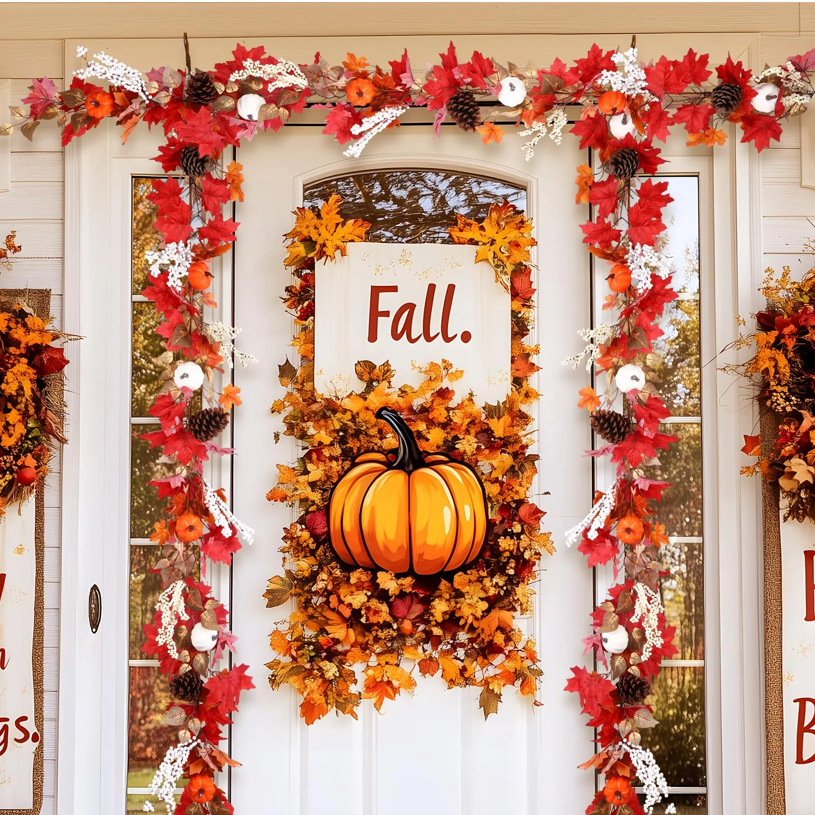 6FT Fall Harvest Red Pumpkin & Maple Leaves Garland Decor