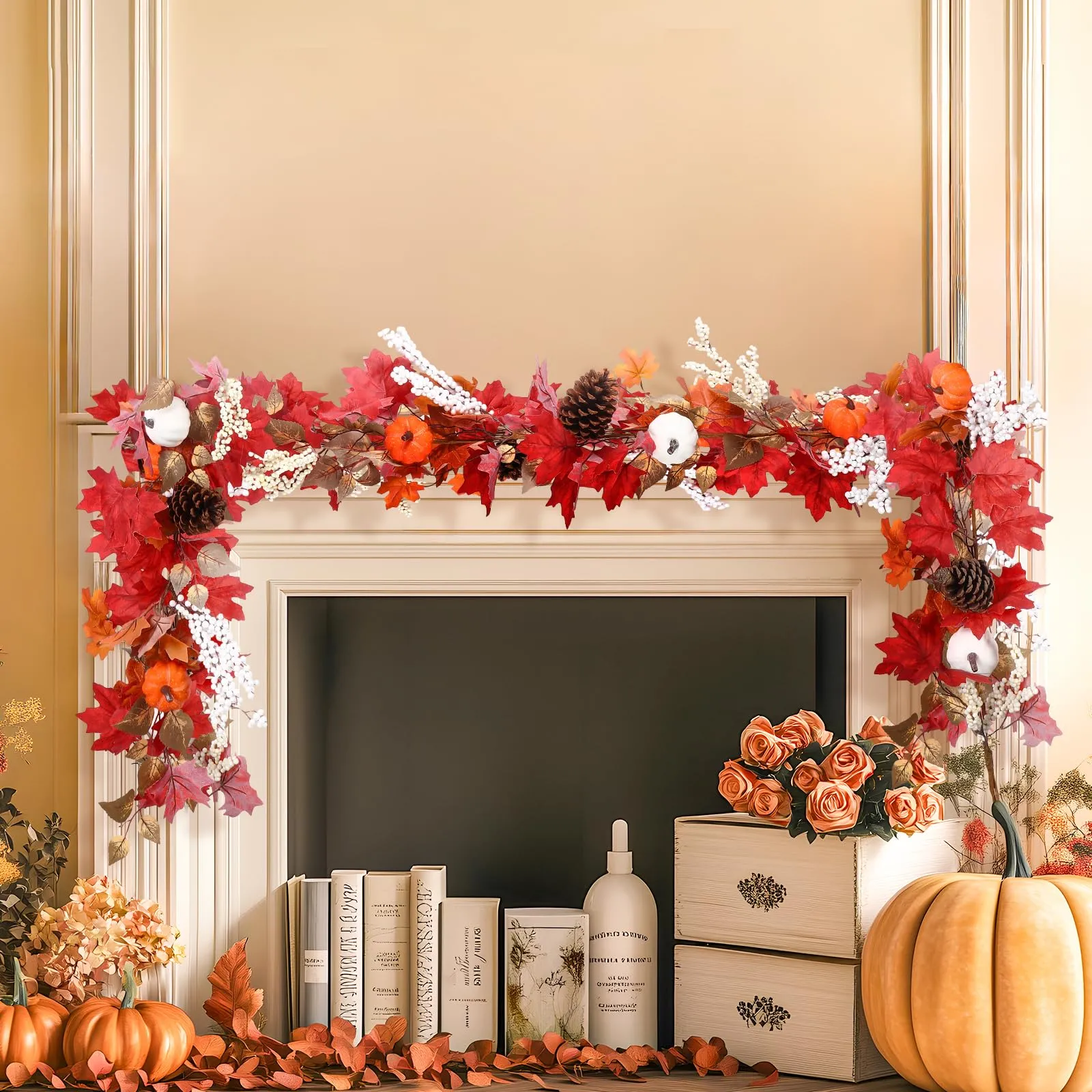 6FT Fall Harvest Red Pumpkin & Maple Leaves Garland Decor