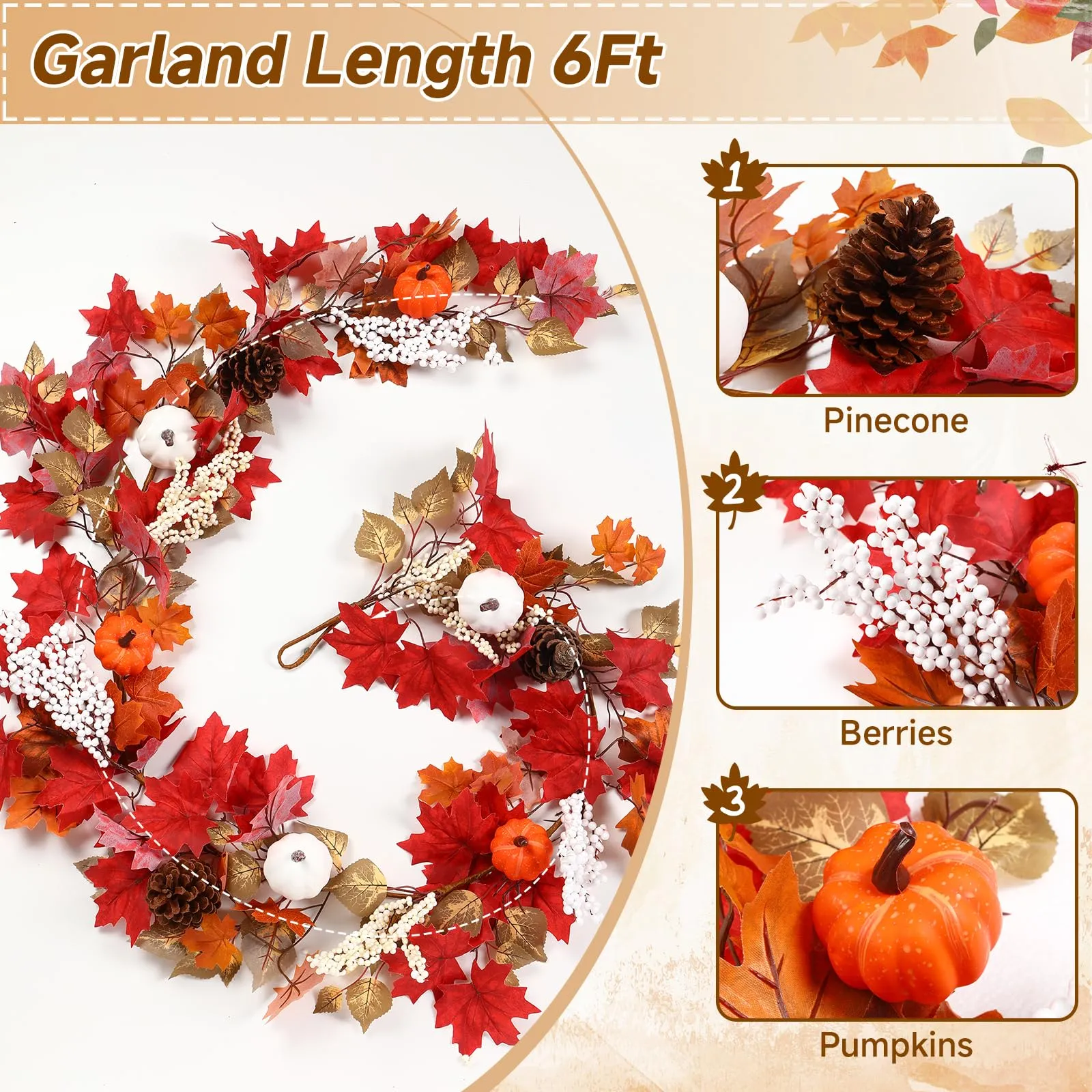 6FT Fall Harvest Red Pumpkin & Maple Leaves Garland Decor