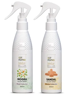 AIR-ROMA Combo Pack Air Freshener, Magic Mogra & Sweet Sandal, Long- Lasting Odour Eliminator, For Home & Office Use, Combo Pack Of 2, 200Ml Each - Liquid