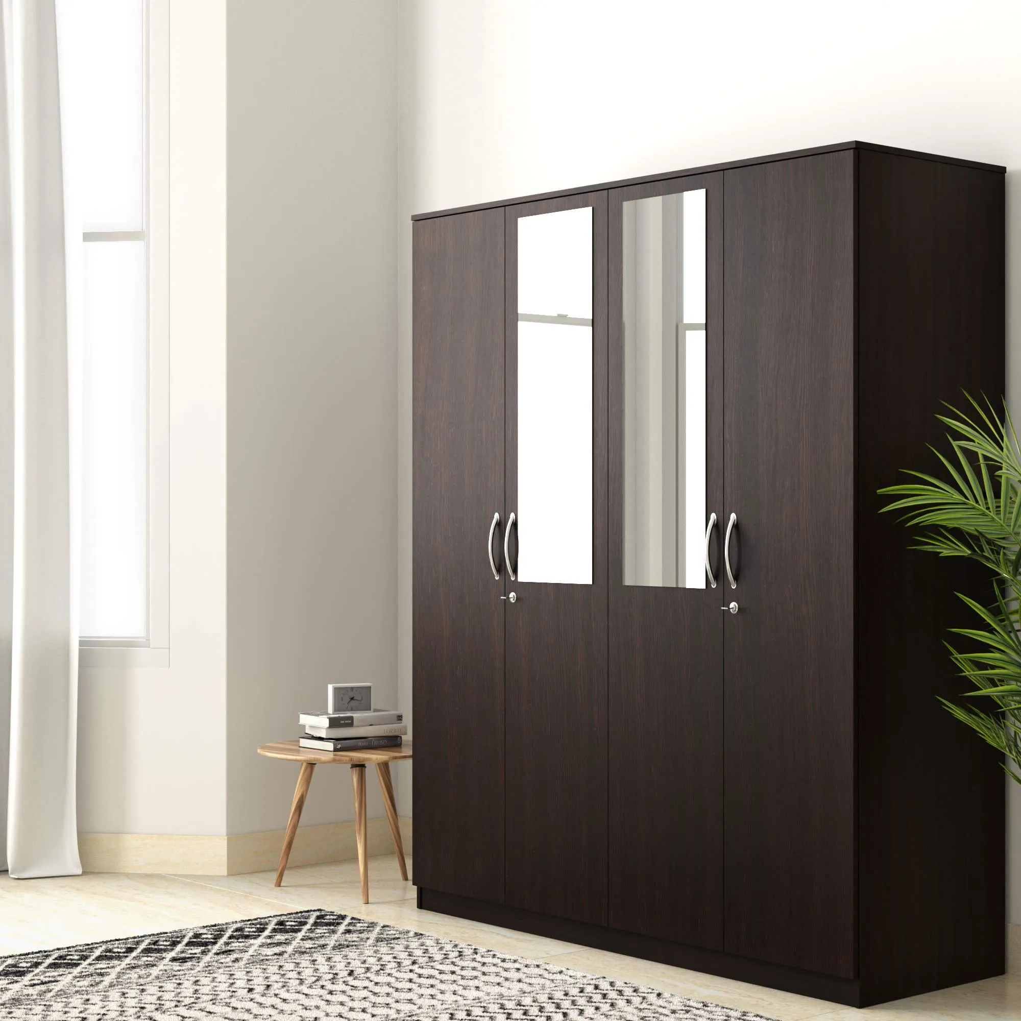 Amazon Brand - Solimo Lindsay Engineered Wood 4 Door Wardrobe with Drawers and Mirror (Wenge Finish)