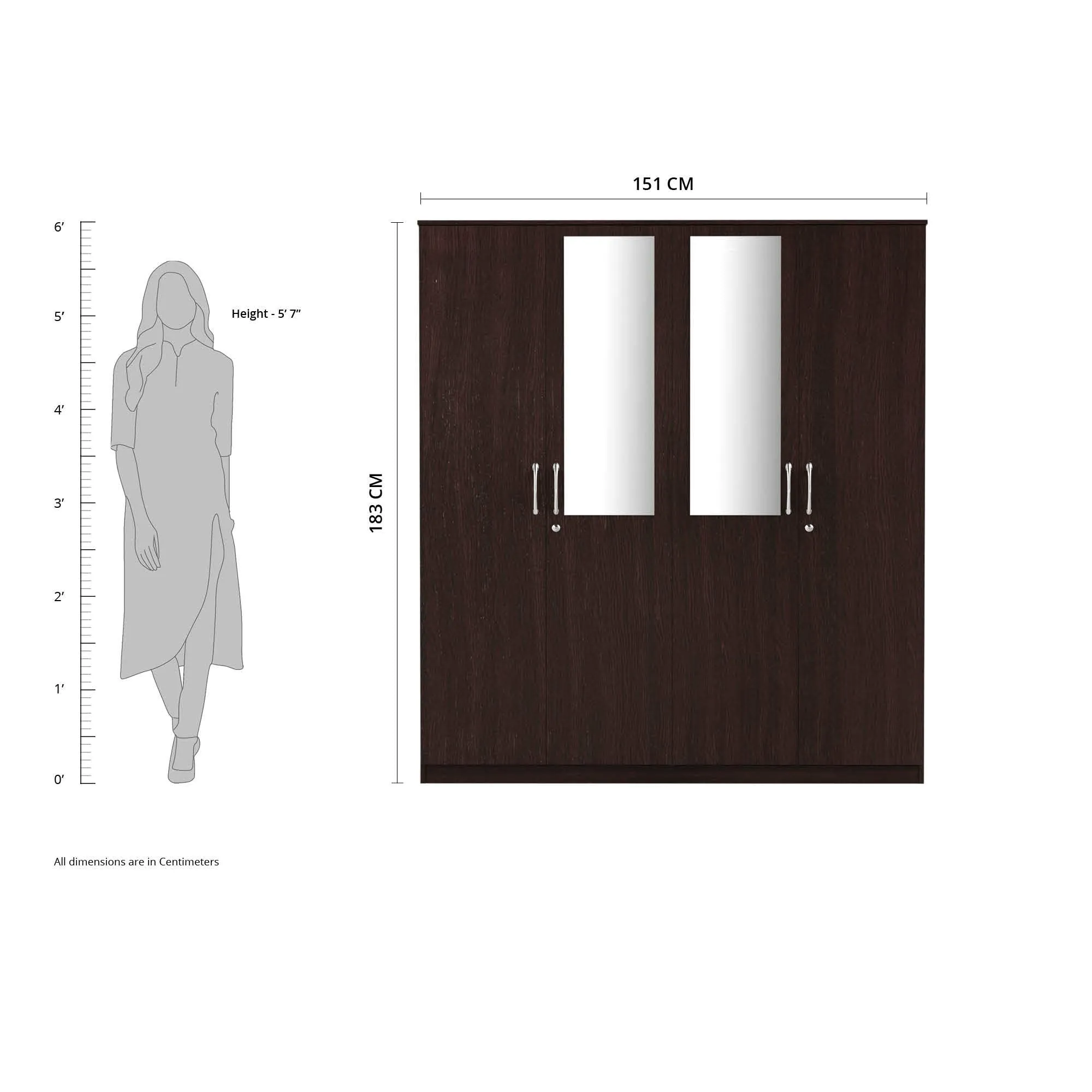 Amazon Brand - Solimo Lindsay Engineered Wood 4 Door Wardrobe with Drawers and Mirror (Wenge Finish)