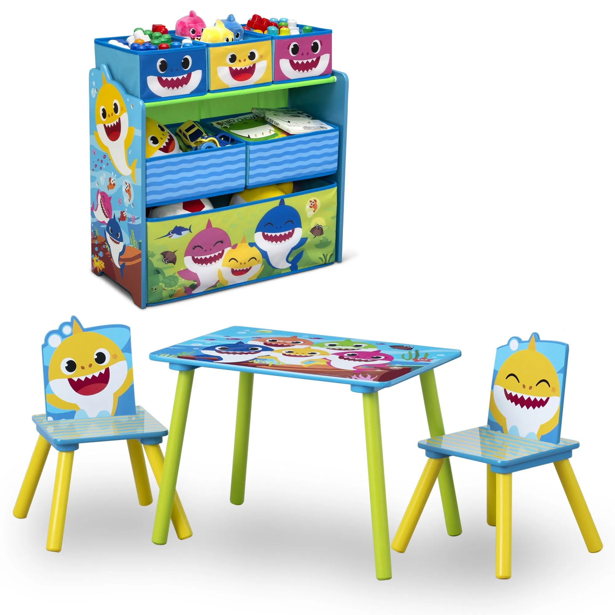 Baby Shark 4-Piece Playroom Solution  – Set Includes Table and 2 Chairs and 6-Bin Toy Organizer