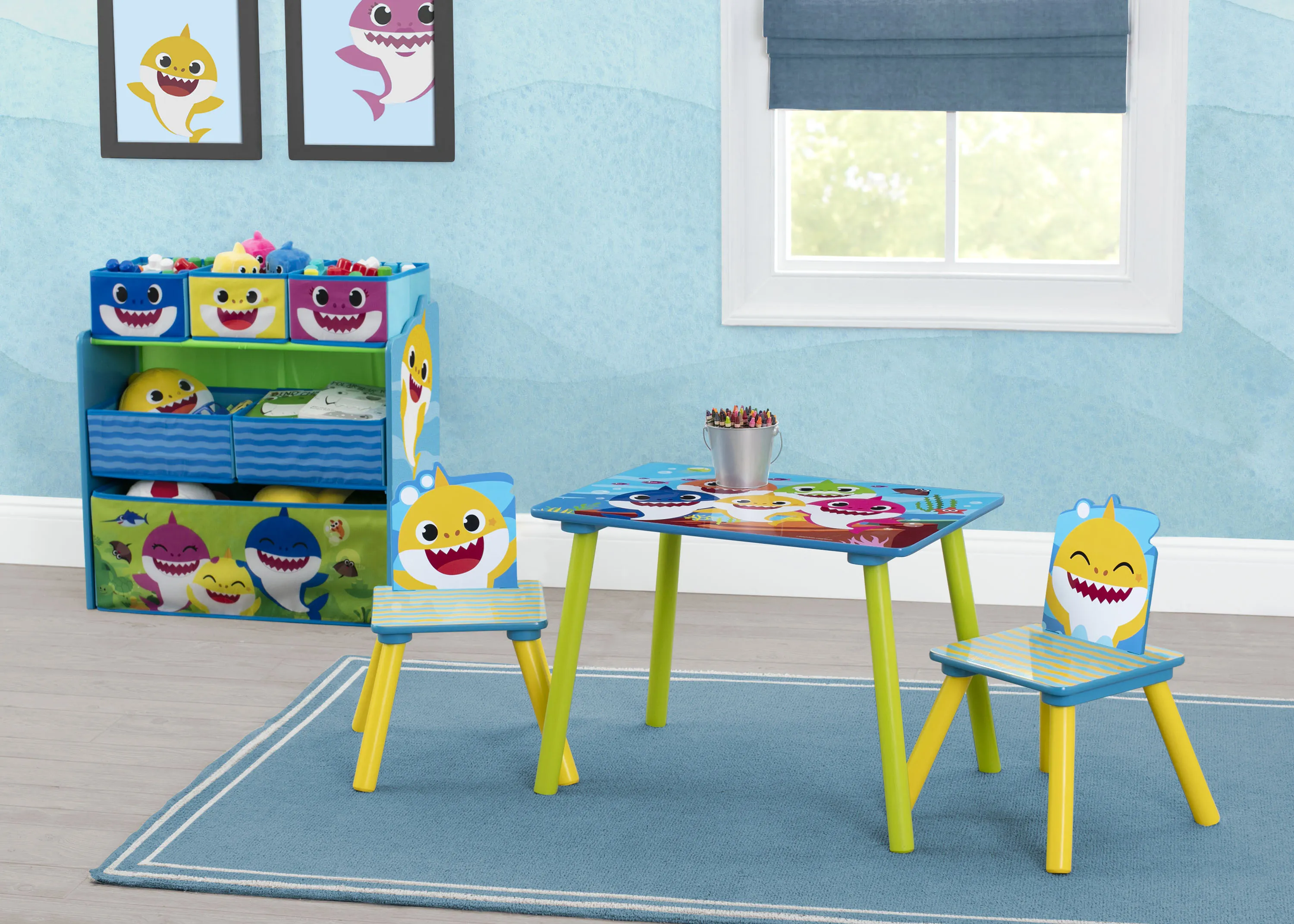 Baby Shark 4-Piece Playroom Solution  – Set Includes Table and 2 Chairs and 6-Bin Toy Organizer