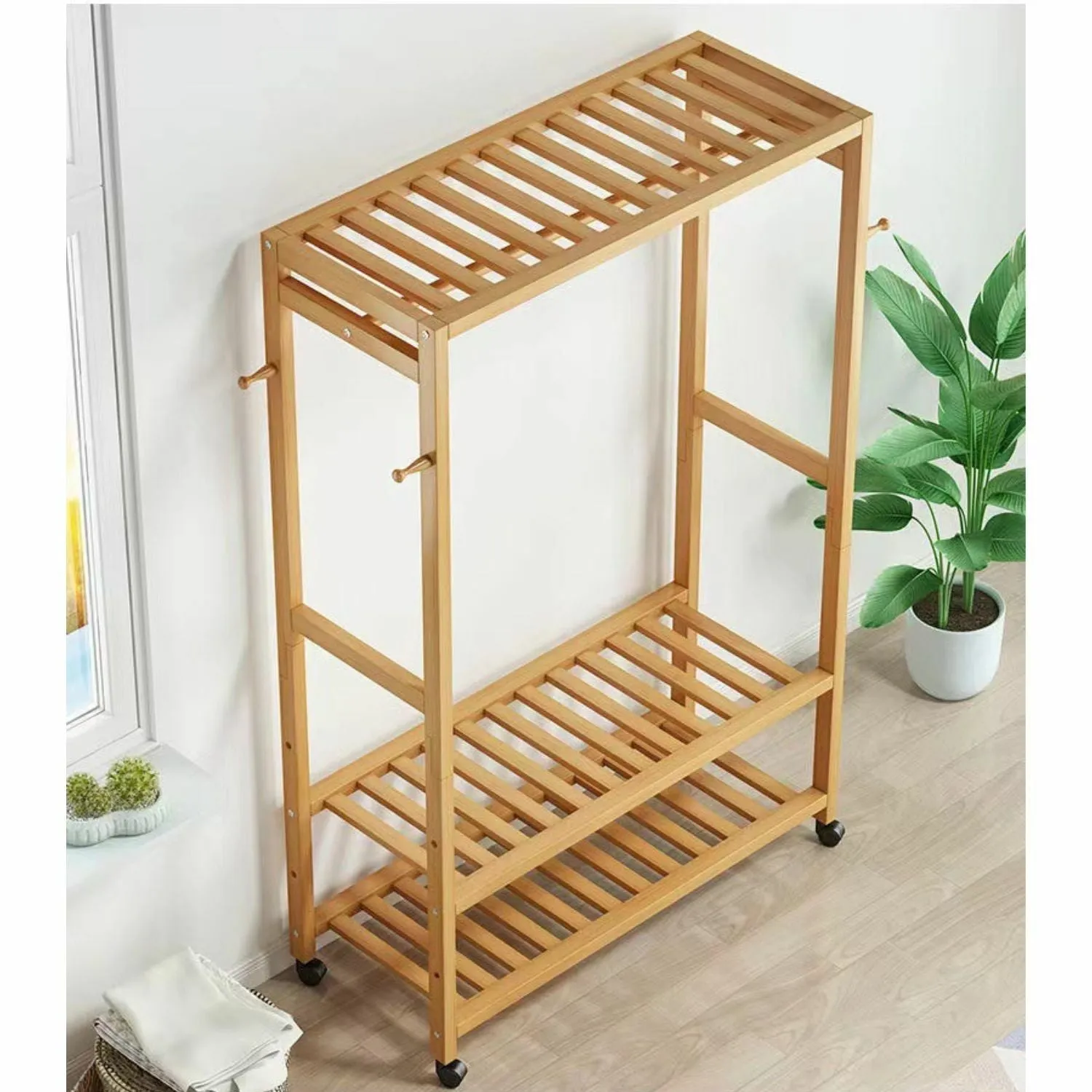 Bamboo Wardrobe on Wheels w/ Side Hook, 90kg Capacity