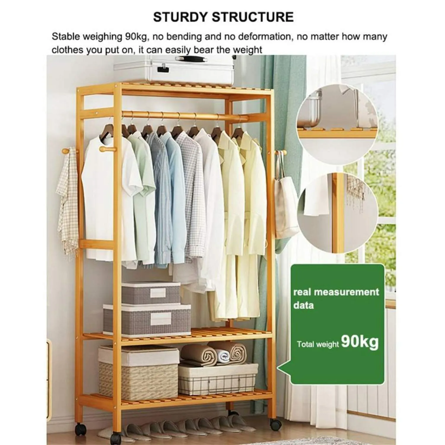 Bamboo Wardrobe on Wheels w/ Side Hook, 90kg Capacity