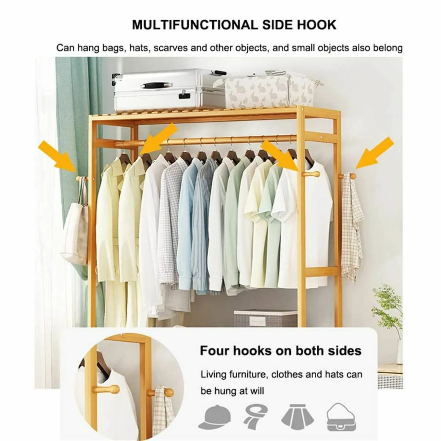 Bamboo Wardrobe on Wheels w/ Side Hook, 90kg Capacity