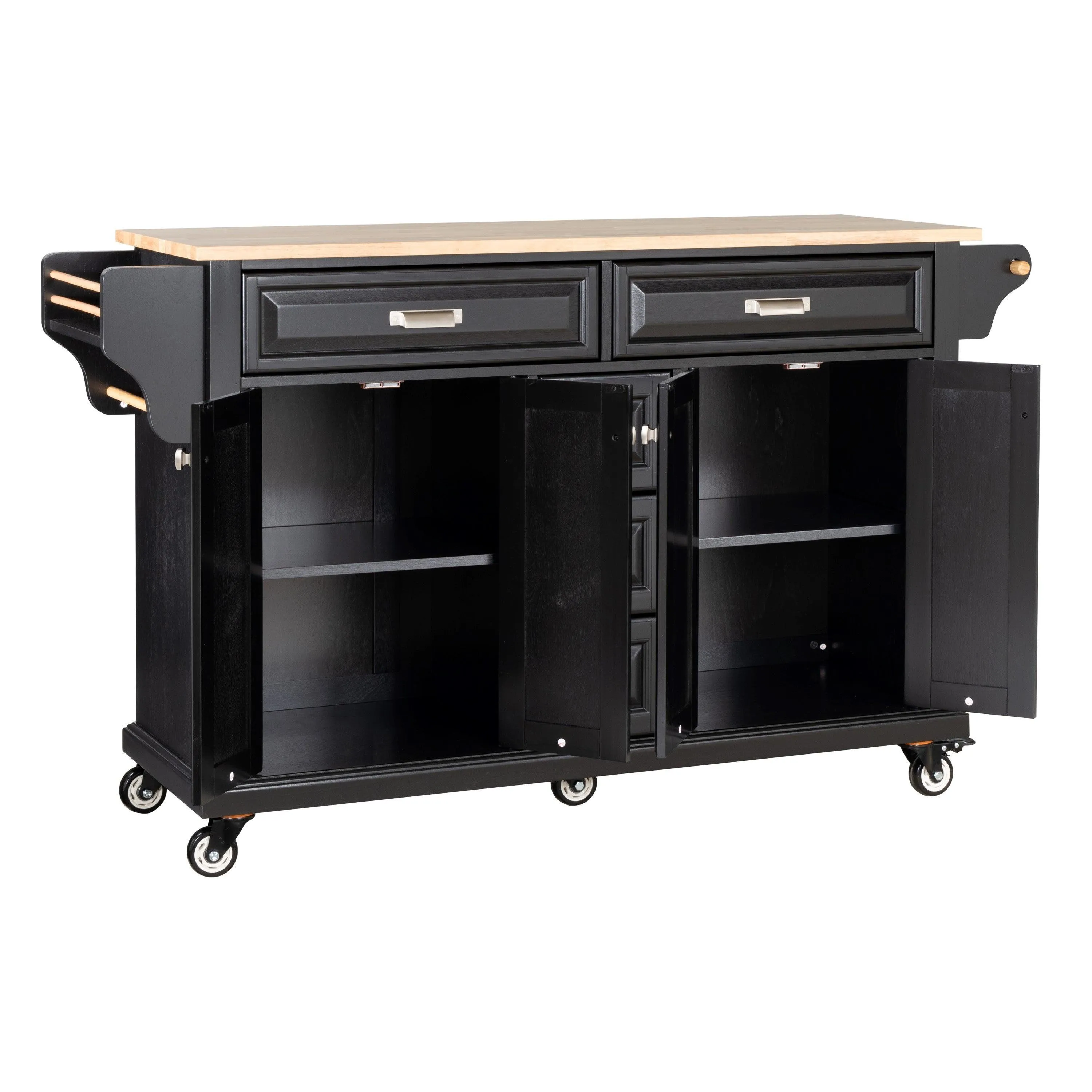 Black Kitchen Island with Rubberwood Countertop, 5 Wheels, Storage Cabinet & 5 Drawers