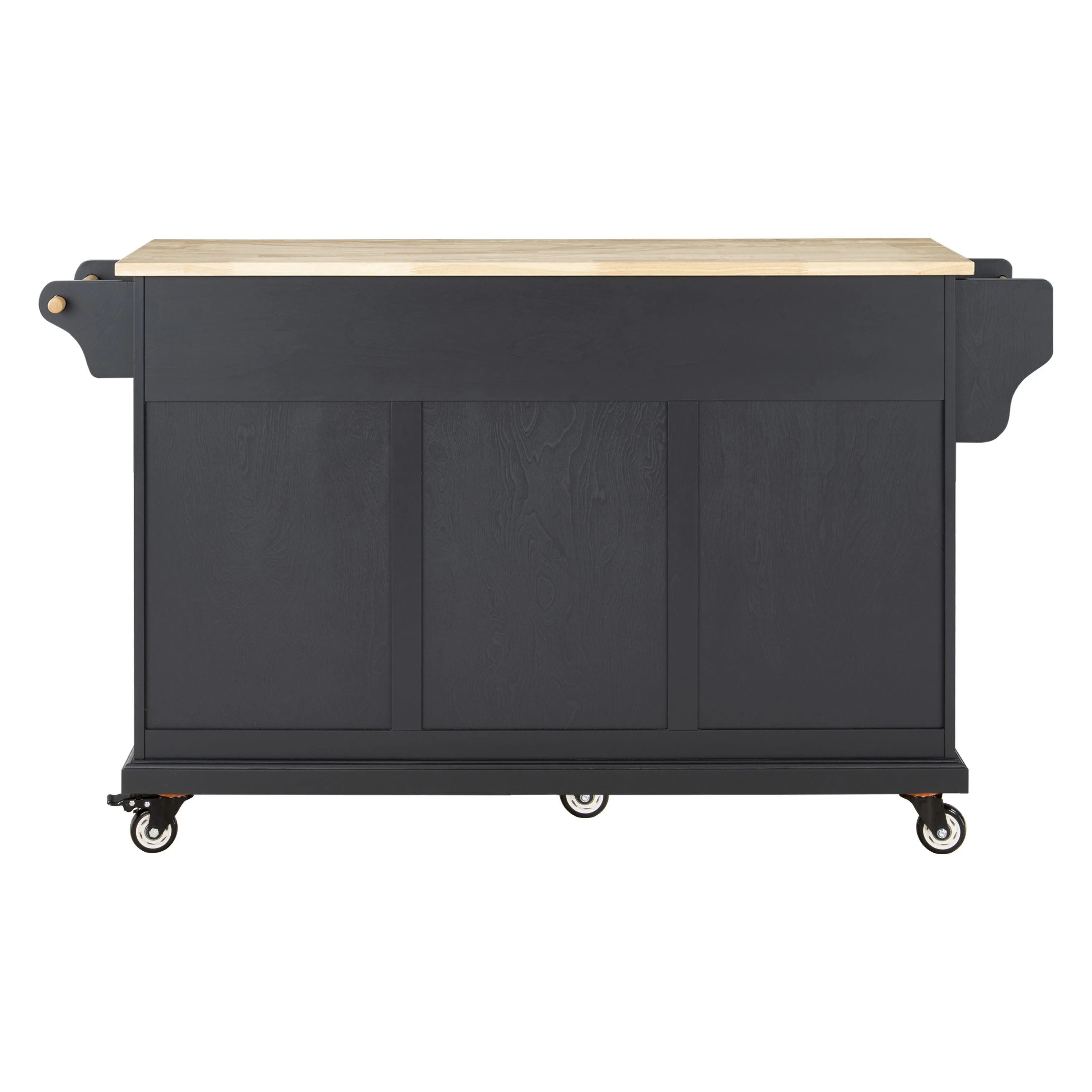 Black Kitchen Island with Rubberwood Countertop, 5 Wheels, Storage Cabinet & 5 Drawers