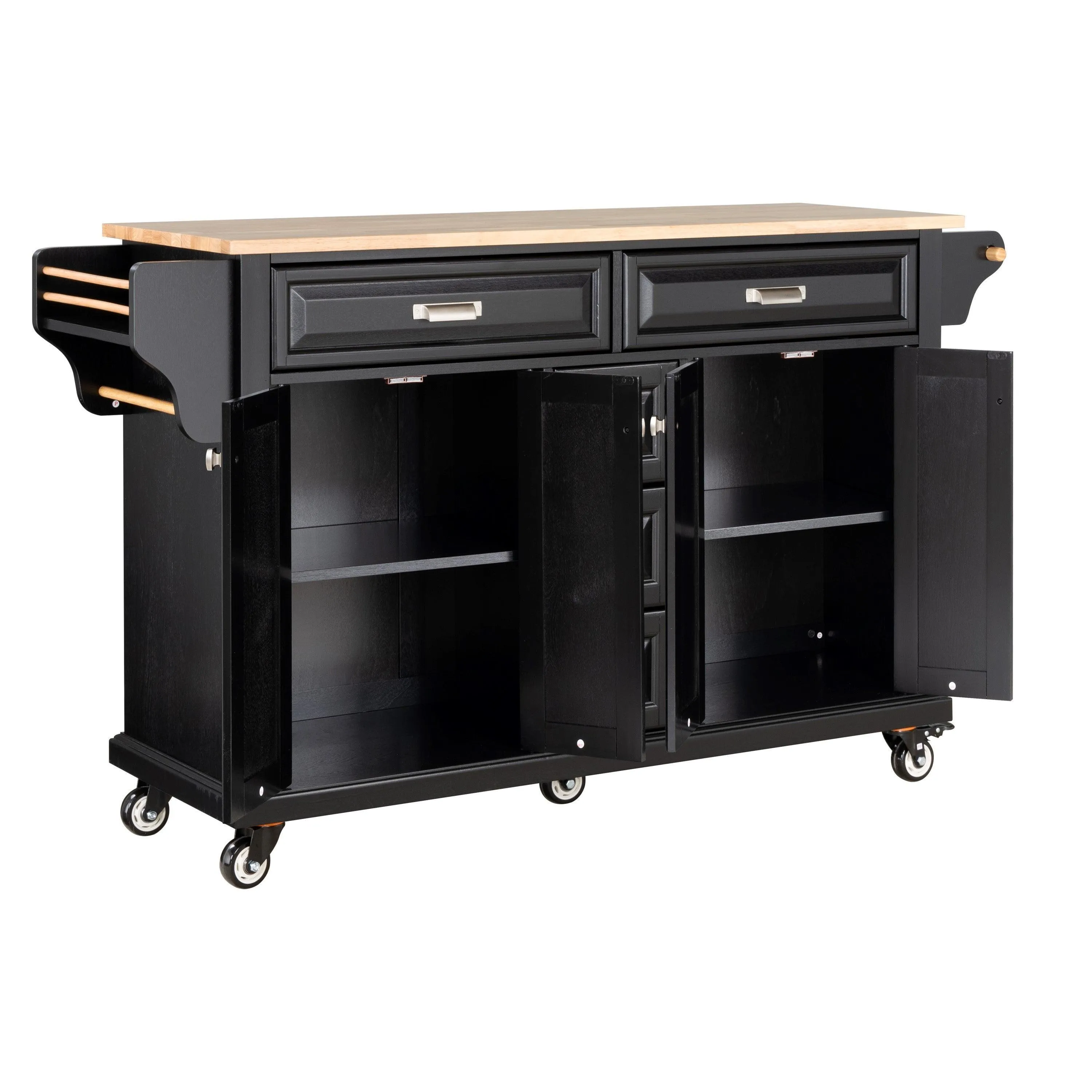 Black Kitchen Island with Rubberwood Countertop, 5 Wheels, Storage Cabinet & 5 Drawers