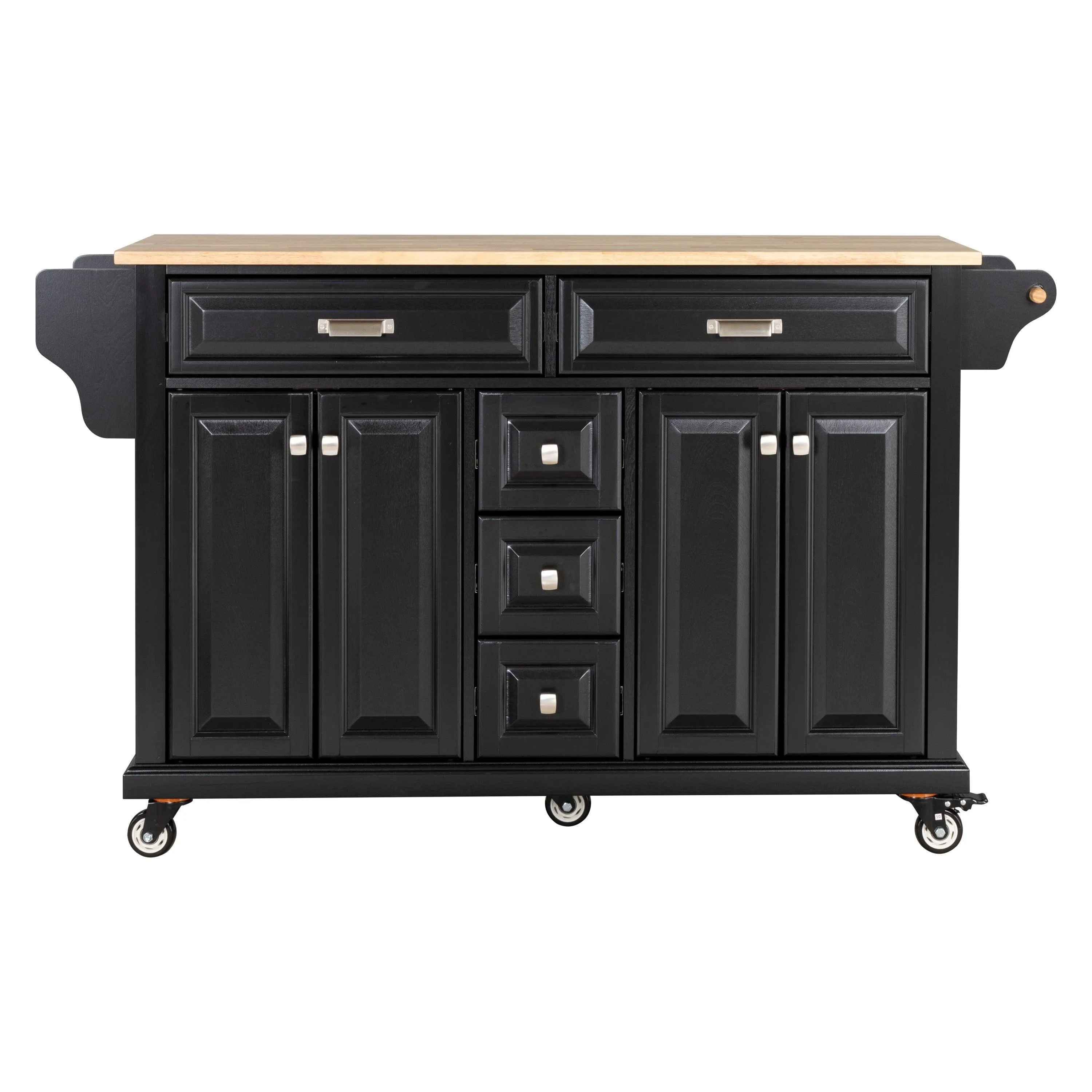 Black Kitchen Island with Rubberwood Countertop, 5 Wheels, Storage Cabinet & 5 Drawers