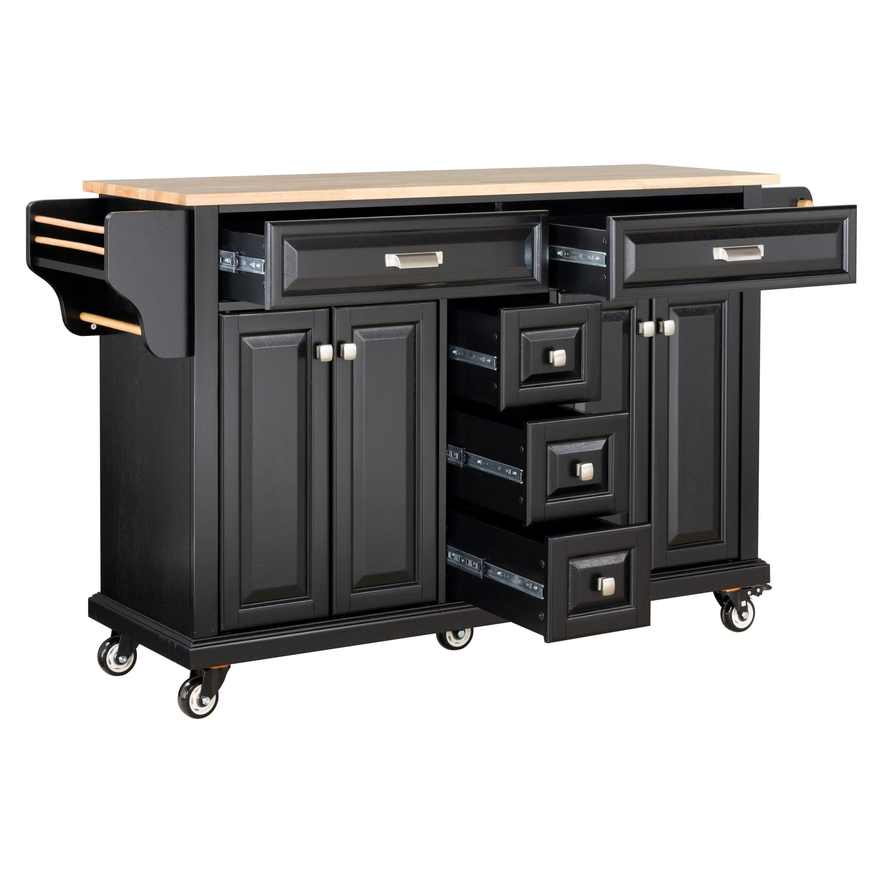 Black Kitchen Island with Rubberwood Countertop, 5 Wheels, Storage Cabinet & 5 Drawers