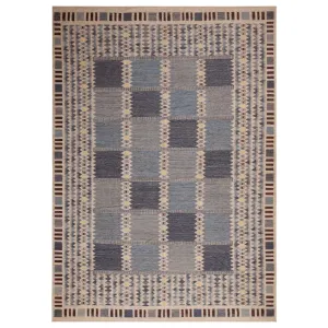 Blue Geometric Swedish Style Wool Kilim Rug - 10'2" x 14'