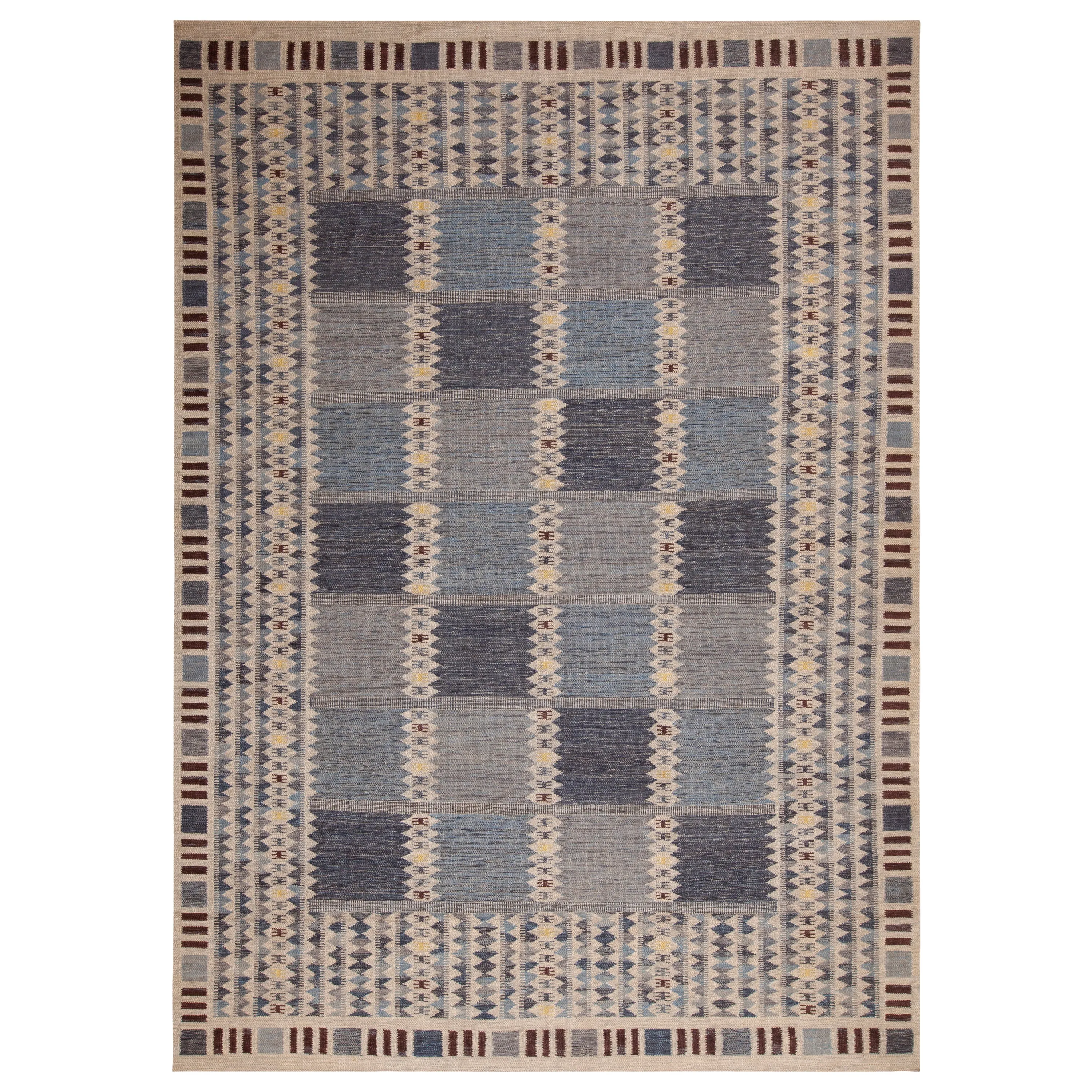 Blue Geometric Swedish Style Wool Kilim Rug - 10'2" x 14'