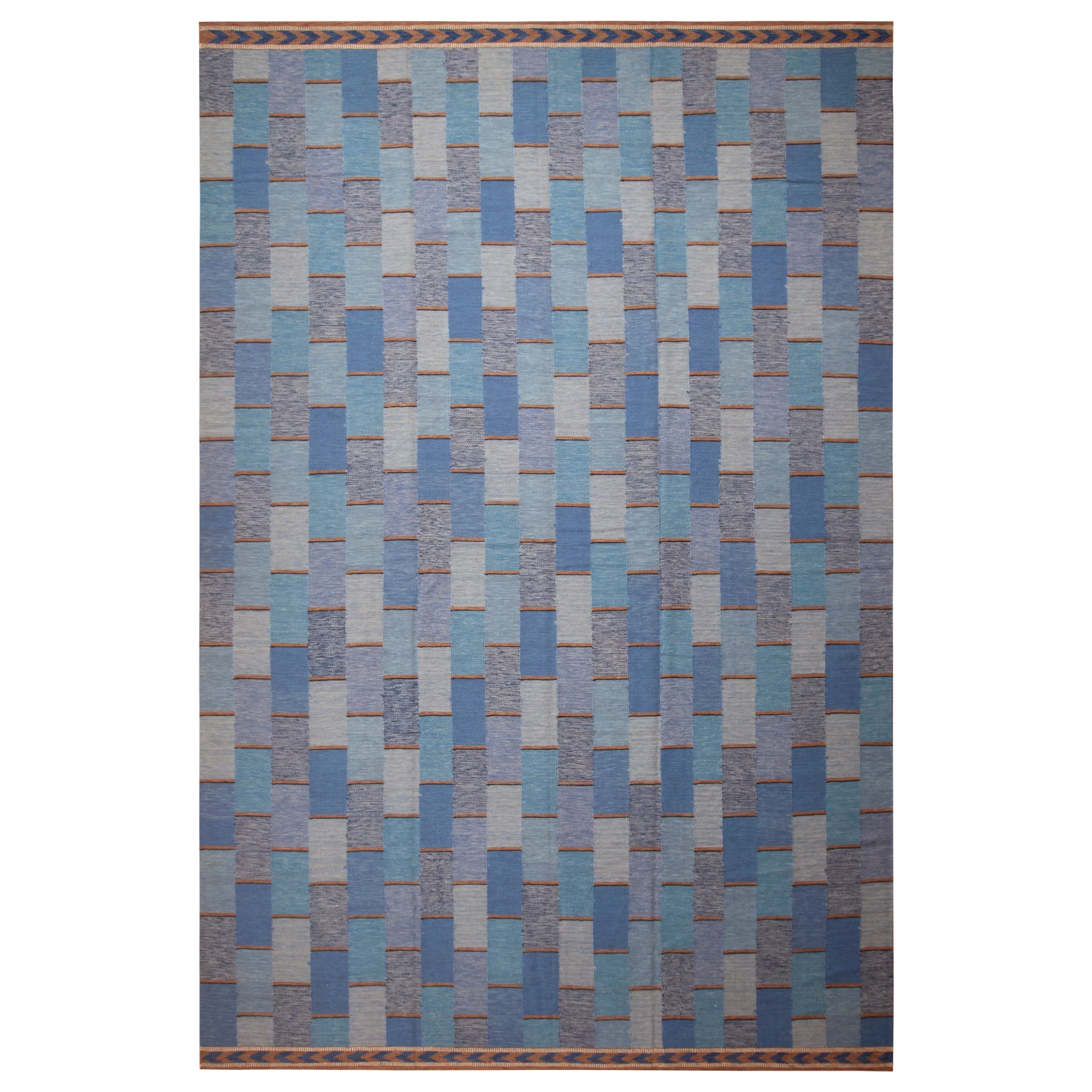 Blue Geometric Swedish Style Wool Kilim Rug - 11'8" x 17'10"