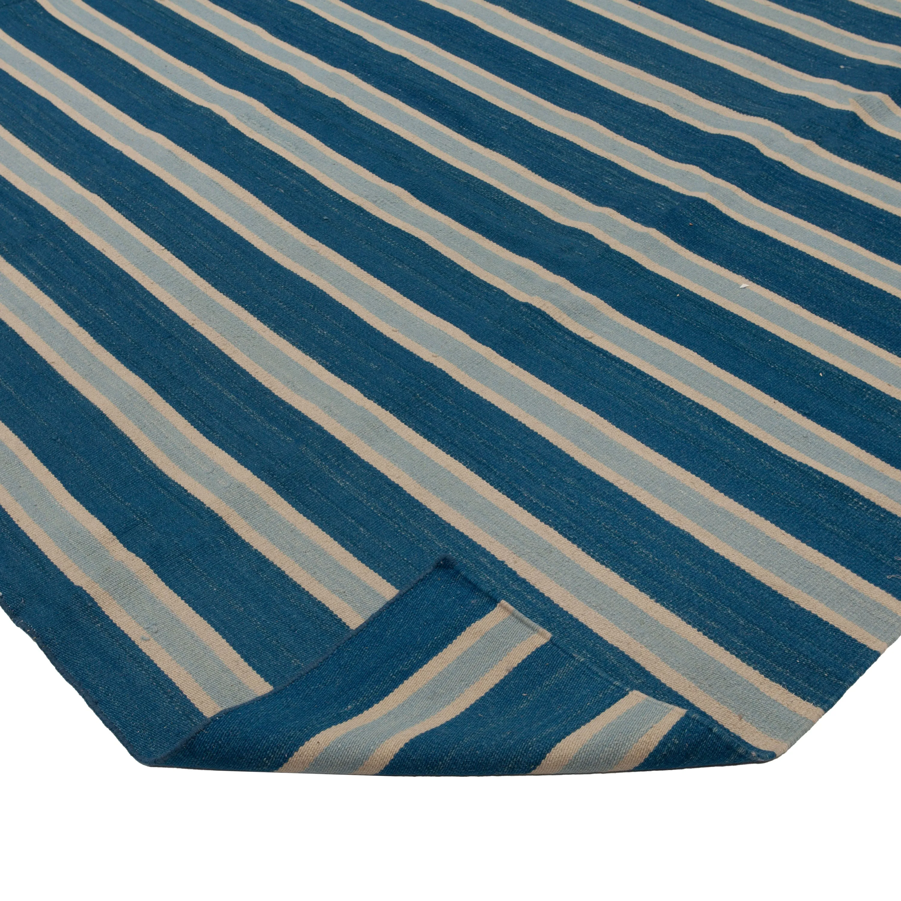 Blue Striped Dhurrie Wool Rug - 10' x 14'