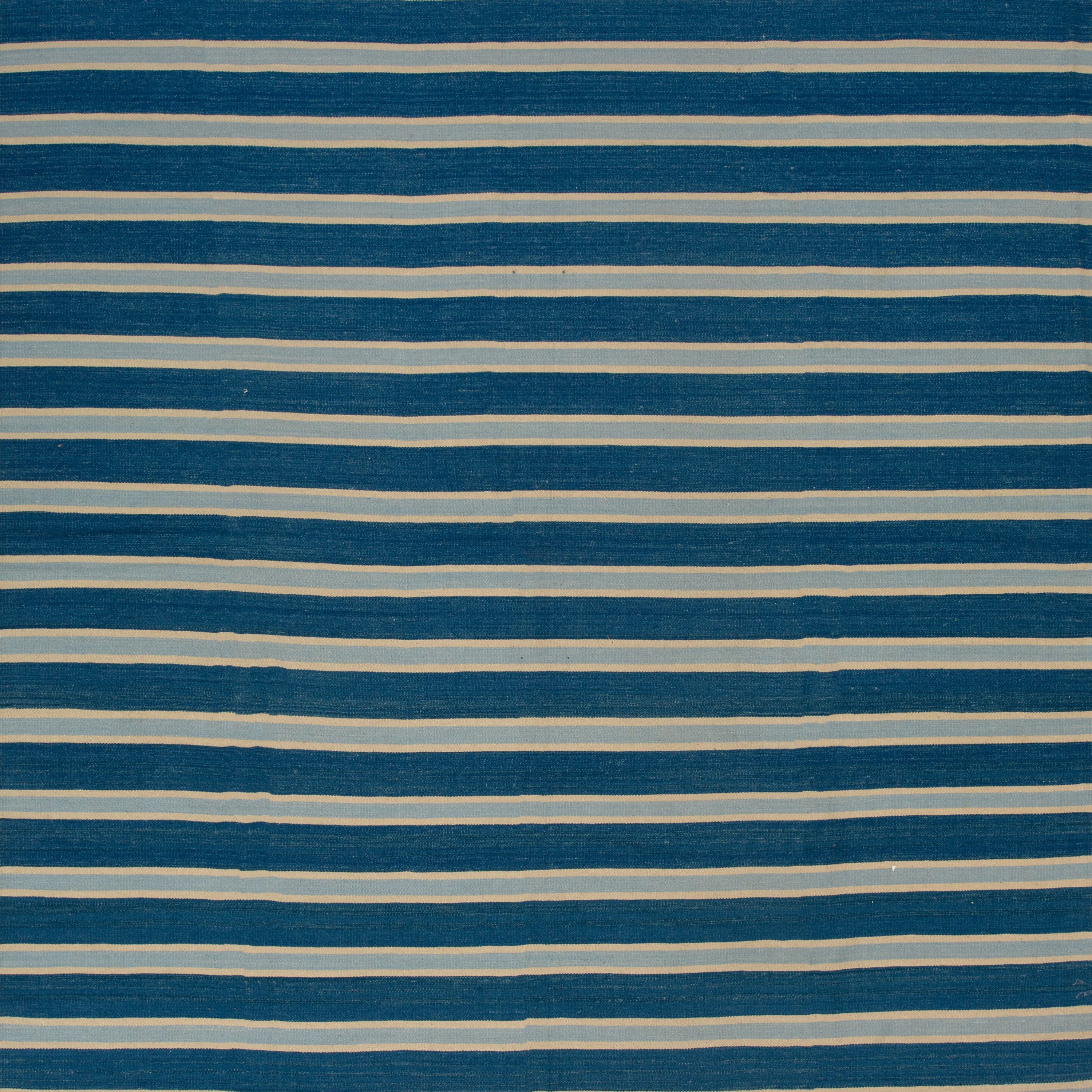 Blue Striped Dhurrie Wool Rug - 10' x 14'